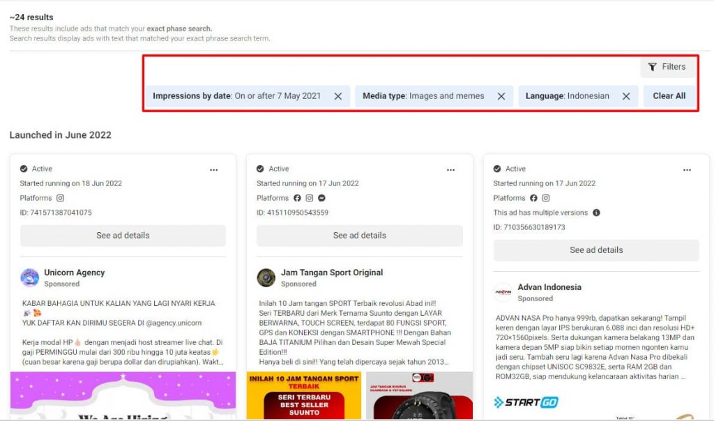 cara menggunakan facebook ads library hasil filter pencarian